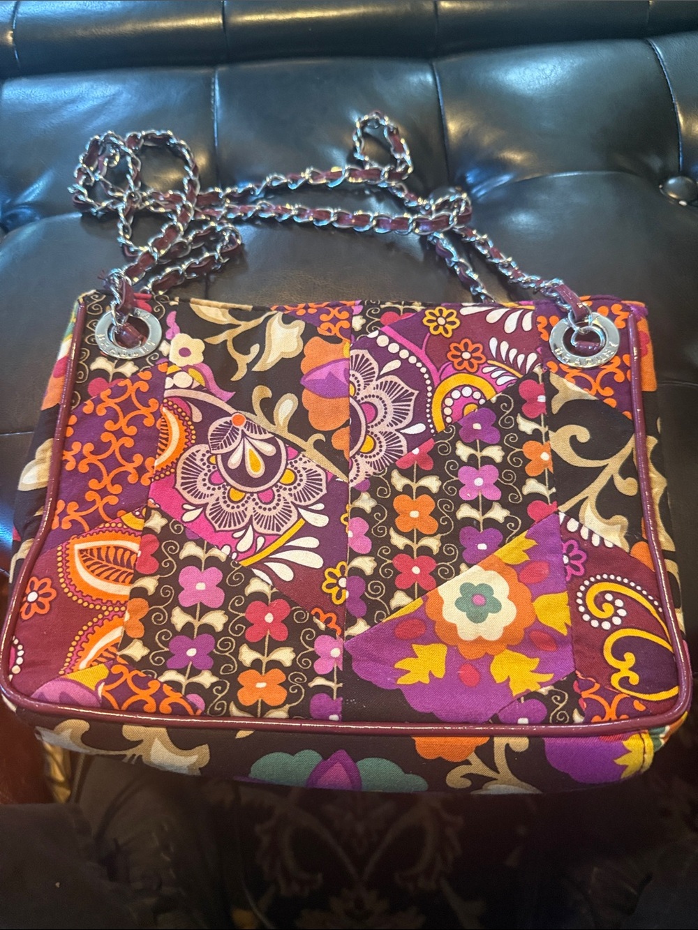Vera Bradley Purple Floral Patchwork Shoulder Bag with Chain Strap